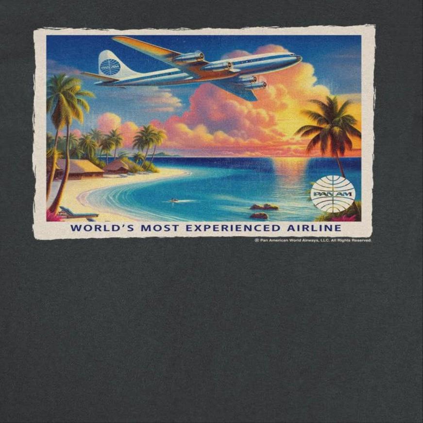 Pan Am Vintage Beach Plane Scene Black T-Shirt by HandyShopping4U2
