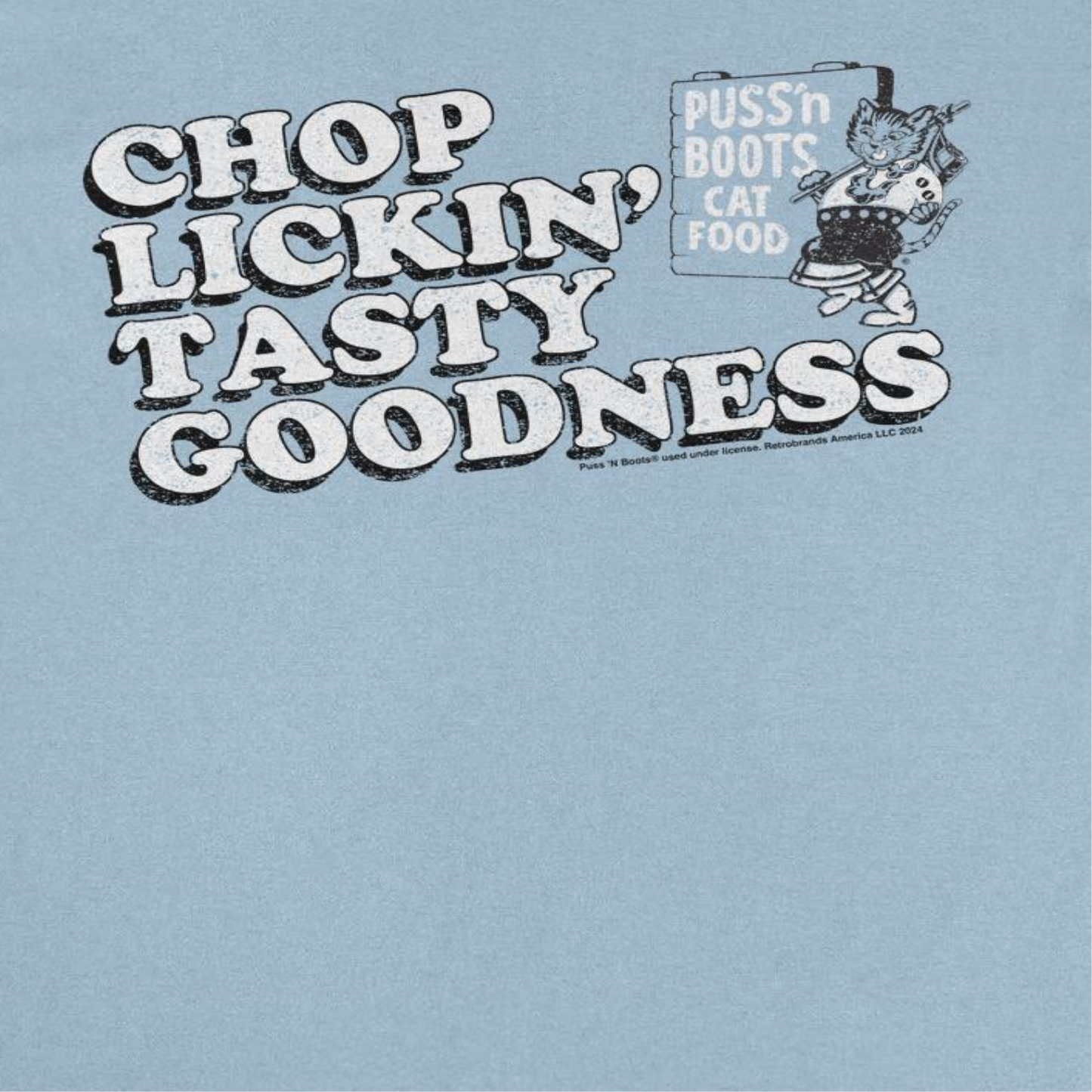 Puss n Boots Retro Cat Food Chop Lickin Light Blue T-Shirt by HandyShopping4U2