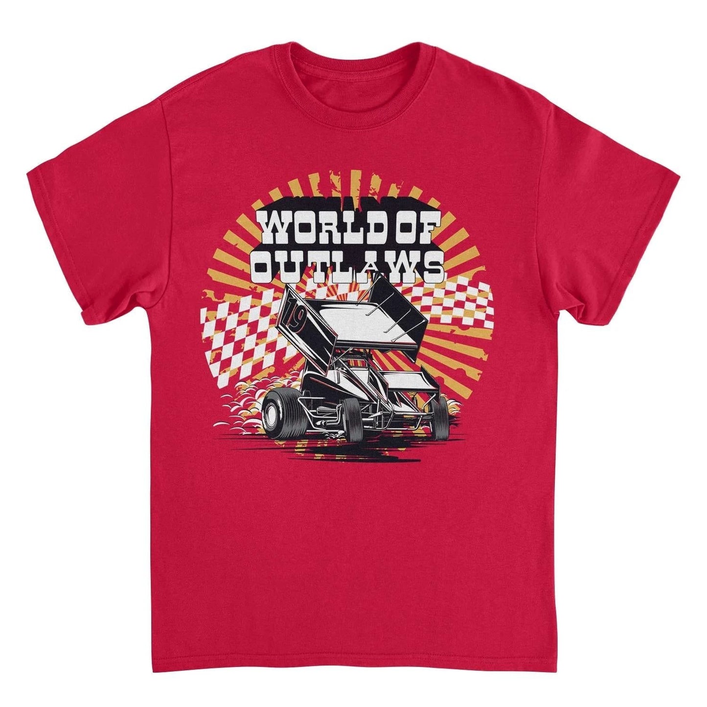 World of Outlaws Yellow Starburst Red T-Shirt by HandyShopping4U2