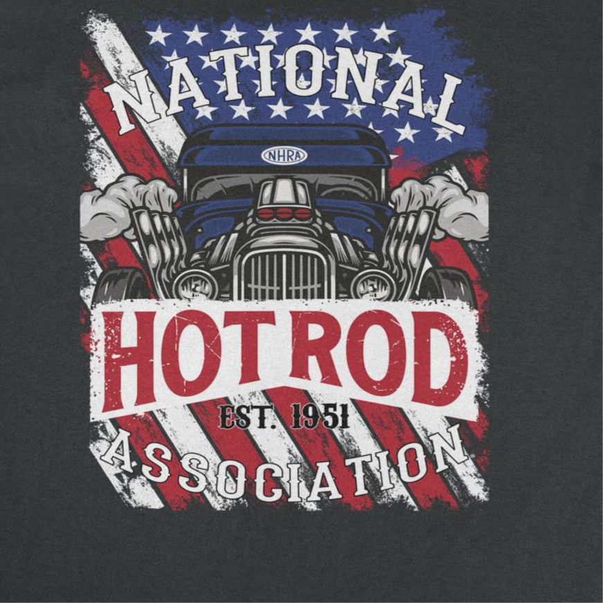 NHRA National Hot Rod American Flag Black T-Shirt by HandyShopping4U2