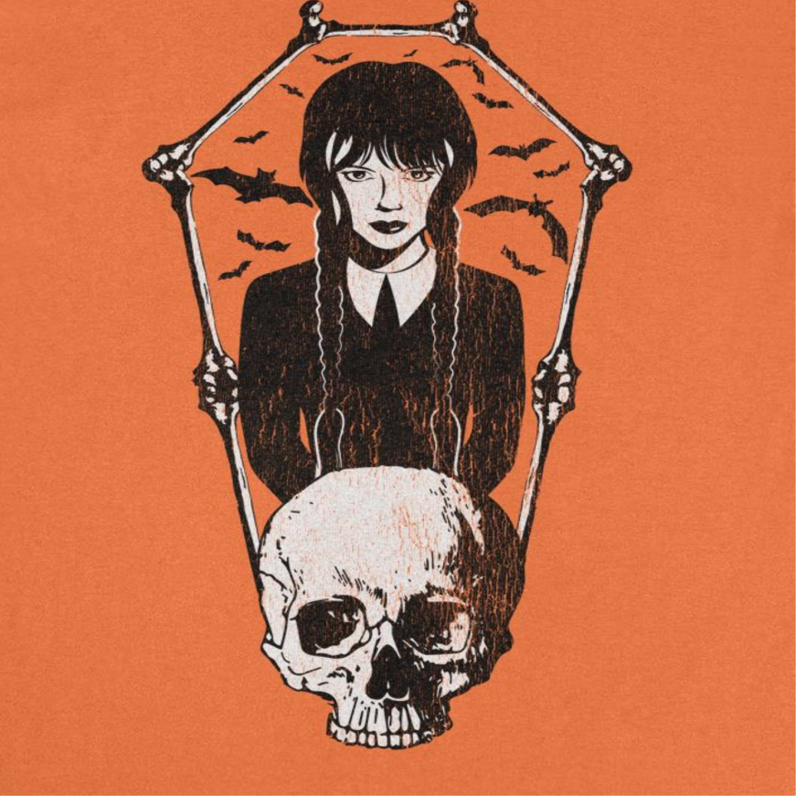 Wednesday Skull and Bones Frame Orange T-Shirt by HandyShopping4U2