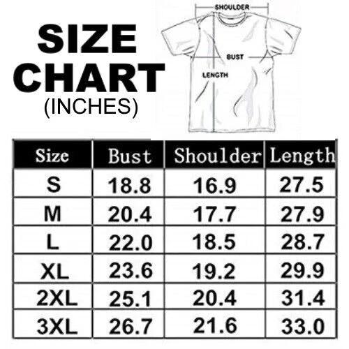 Size chart for shirts with measurements in inches