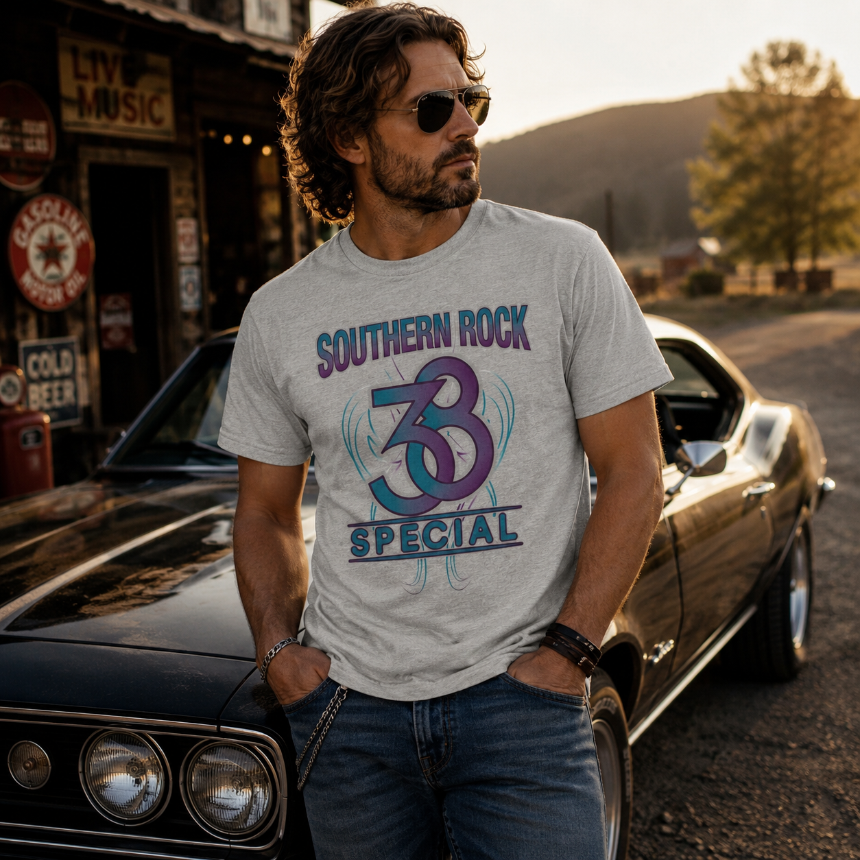 Male model wearing a grey 38 Special Southern Rock T-Shirt while standing beside a classic muscle car outside a rustic roadside music venue at sunset, showcasing vintage Southern rock style and officially licensed band merchandise.