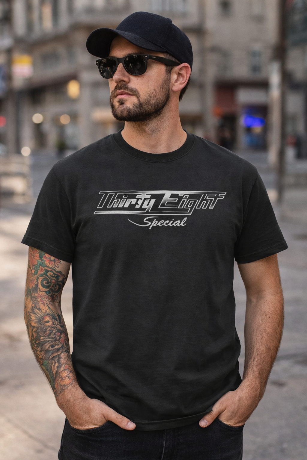 male model wearing 38 special thirty eight t shirt black vintage southern rock band tee lifestyle street style