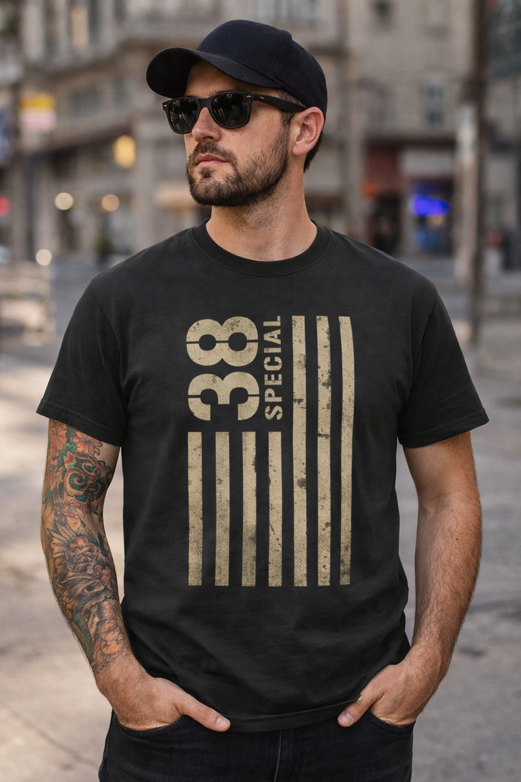 male model wearing 38 special vertical stripes t shirt black southern rock band tee street style lifestyle