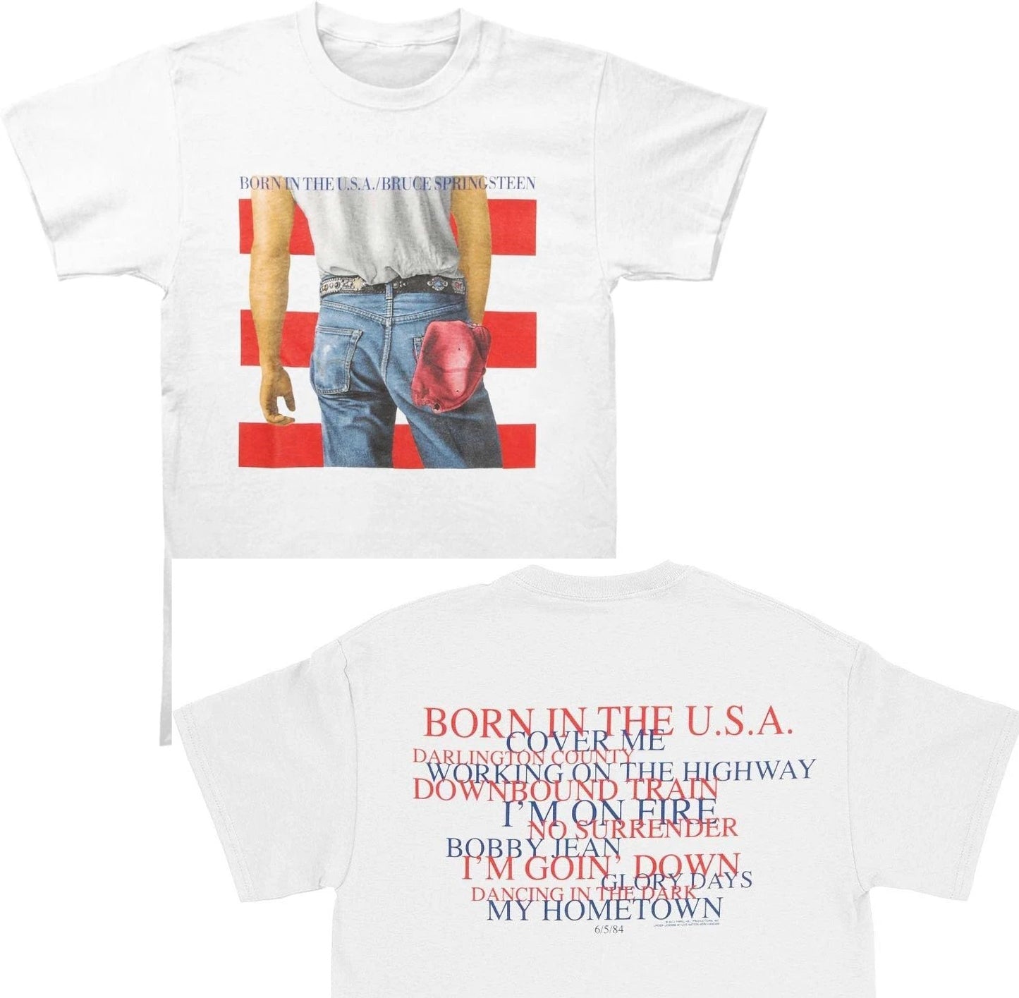 Bruce Springsteen Born in the U.S.A. lyrics men’s T-shirt front and back view featuring iconic album cover graphic and track list design.