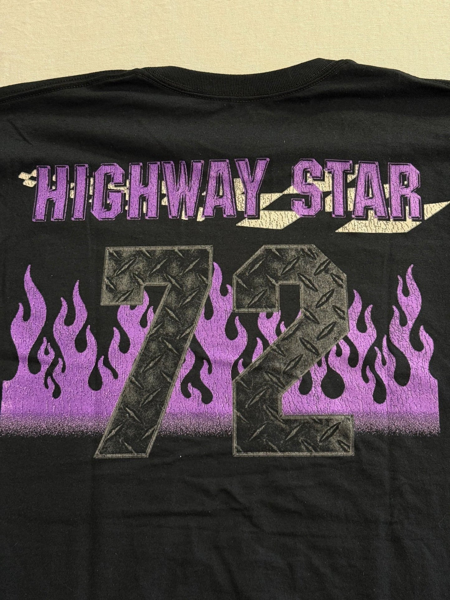 Black t-shirt with 'Highway Star 72' design featuring flames on a beige background