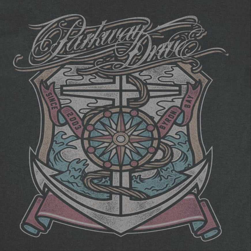 Parkway Drive Byron Bay 2003 t shirt design close up with anchor and compass graphic metalcore band merch