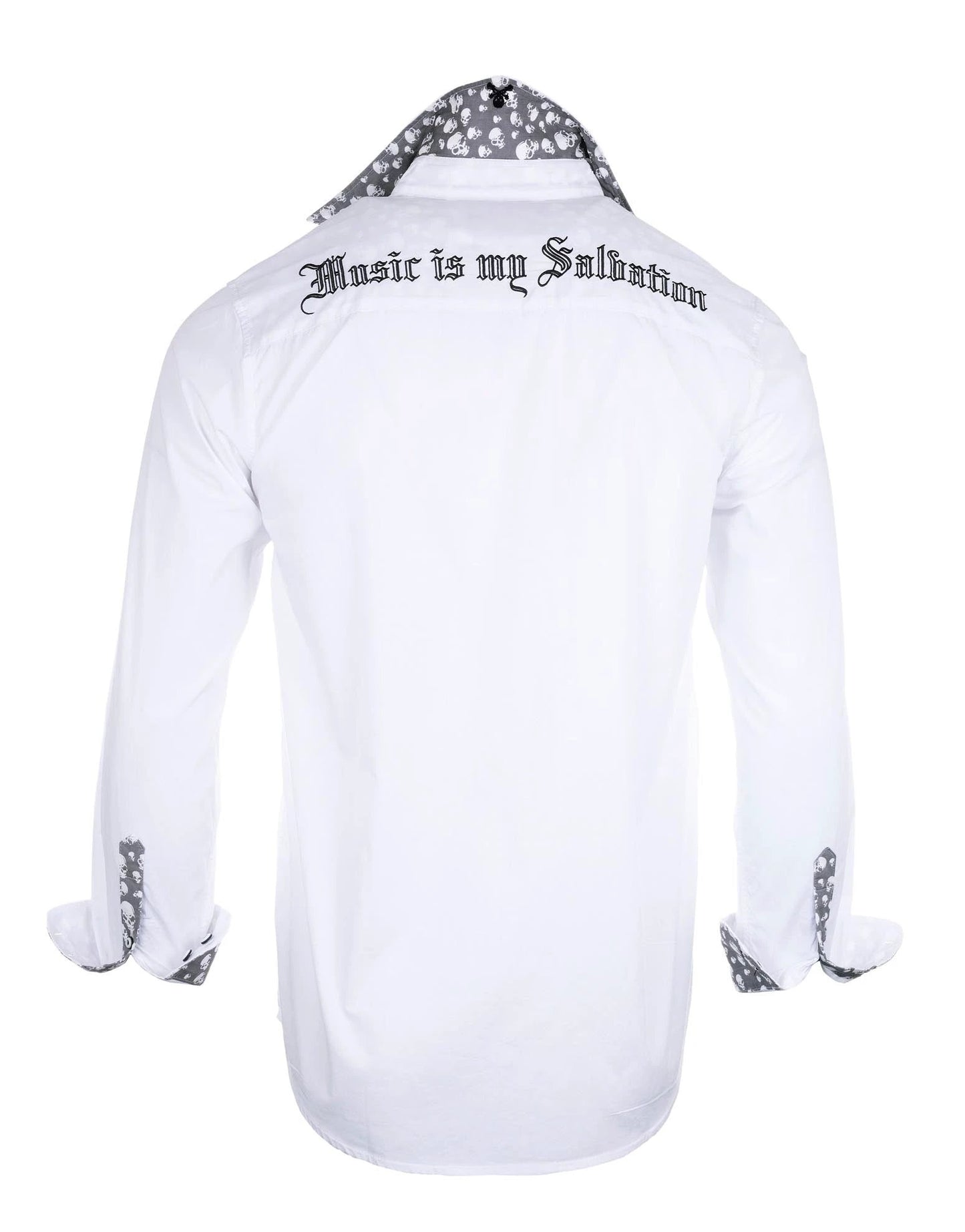 White Music Is My Salvation II Shirt back view featuring gothic embroidered “Music is my Salvation” text and skull pattern collar lining.