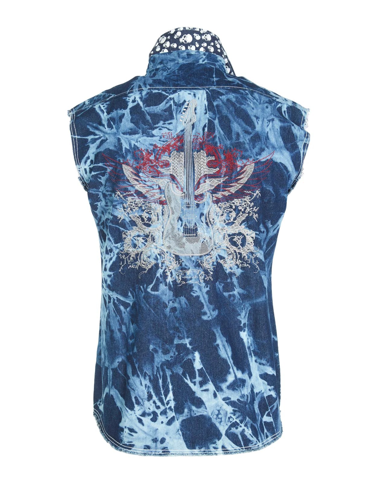 Sleeveless Beers and Sunshine shirt back view with embroidered guitar and wings graphic on blue tie-dye cotton fabric