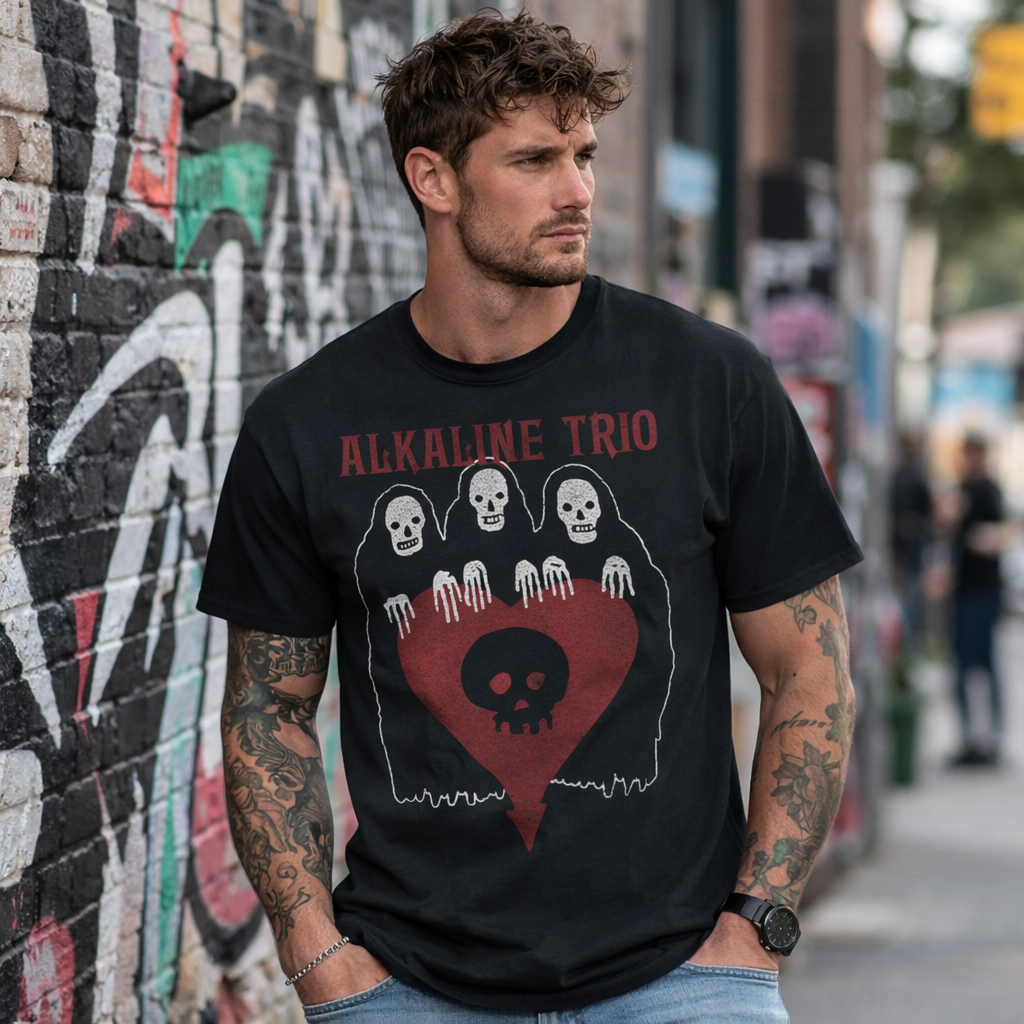 male model wearing Alkaline Trio Ghoul Trio black t shirt with skull and heart graphic design in urban street setting