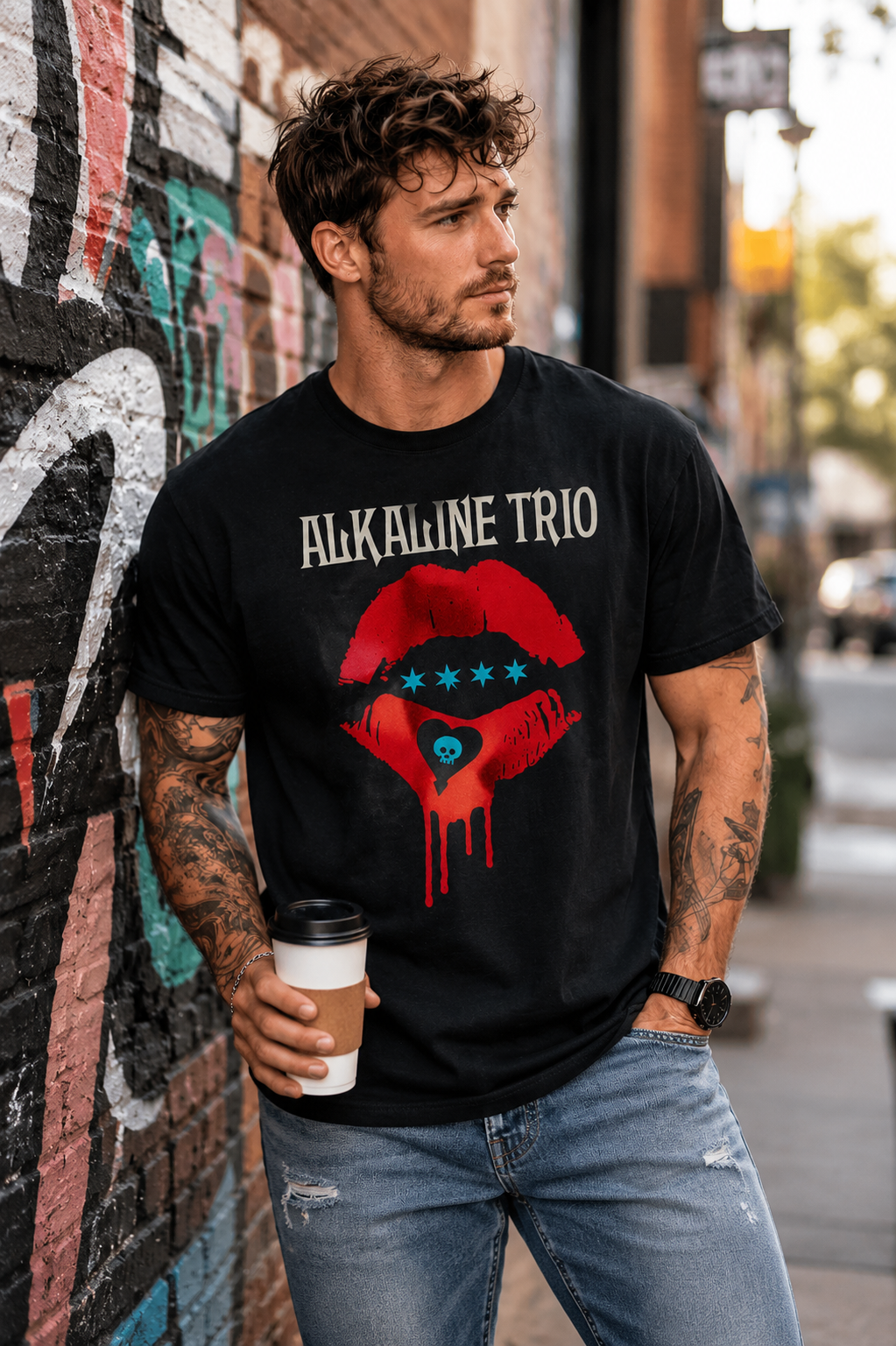 Male model wearing an Alkaline Trio Riot Fest Lips black t-shirt featuring red lips artwork and punk rock graphics while standing in an urban street setting with graffiti wall background.