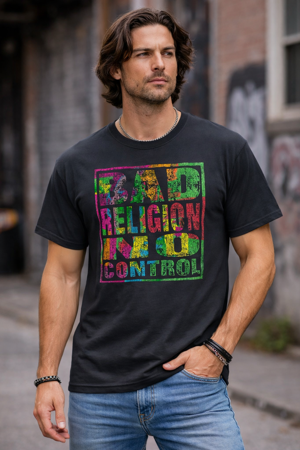 Male model wearing Bad Religion No Control distressed shirt with colorful punk rock band logo design