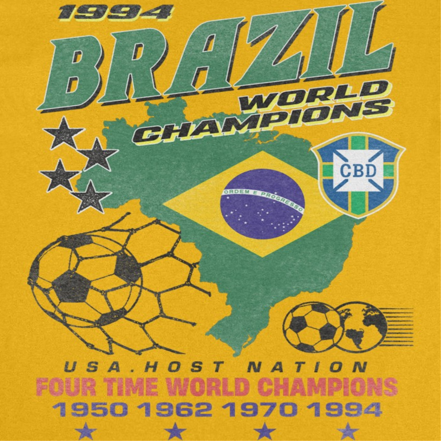 Close-up of Brazil World Champions soccer t-shirt graphic with vintage futbol artwork