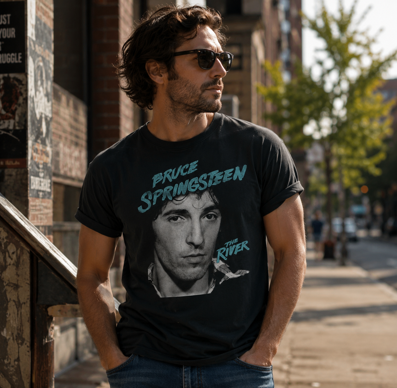 Male model wearing Bruce Springsteen The River T-Shirt in a city street setting
