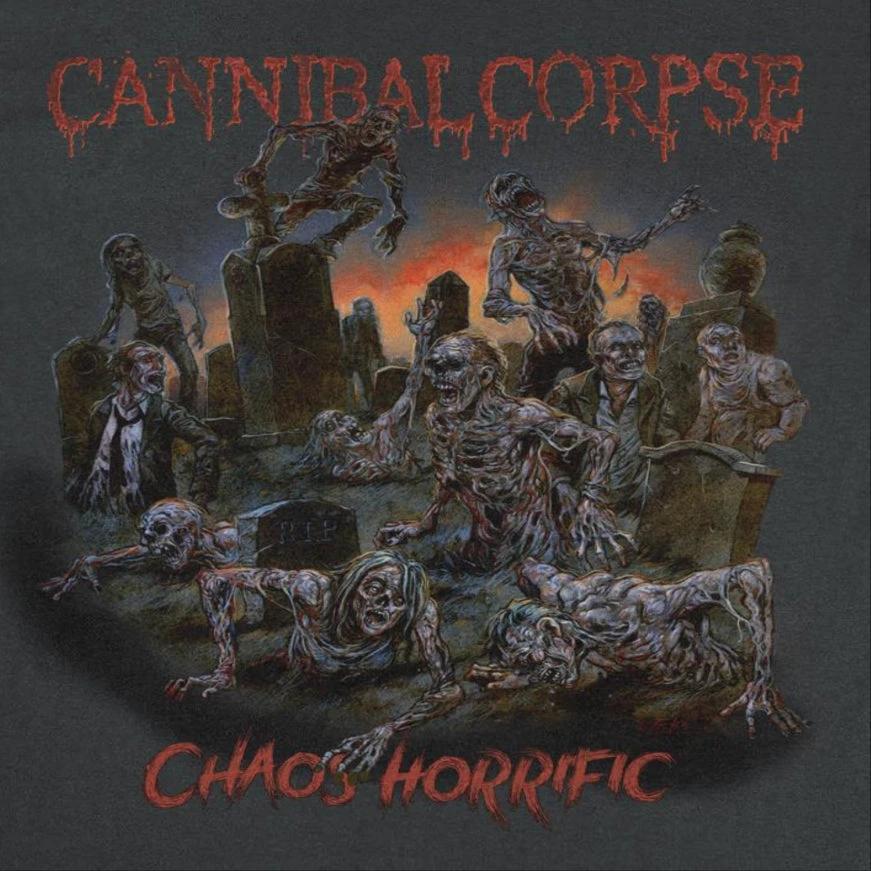 Cannibal Corpse Chaos Horrific t-shirt close-up showing zombie graveyard artwork death metal band graphic design
