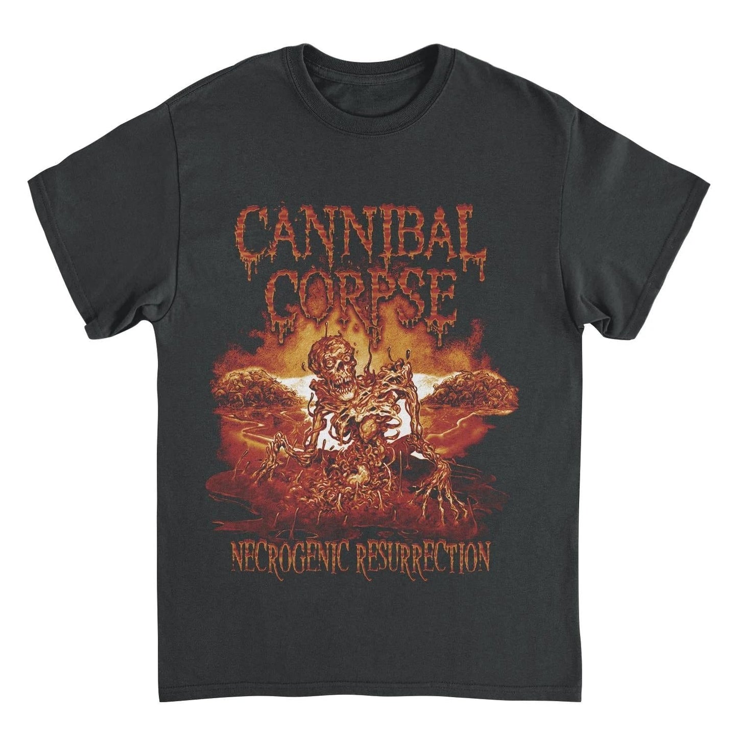 Cannibal Corpse Necrogenic Resurrection black t-shirt featuring fiery death metal skeleton artwork and dripping band logo