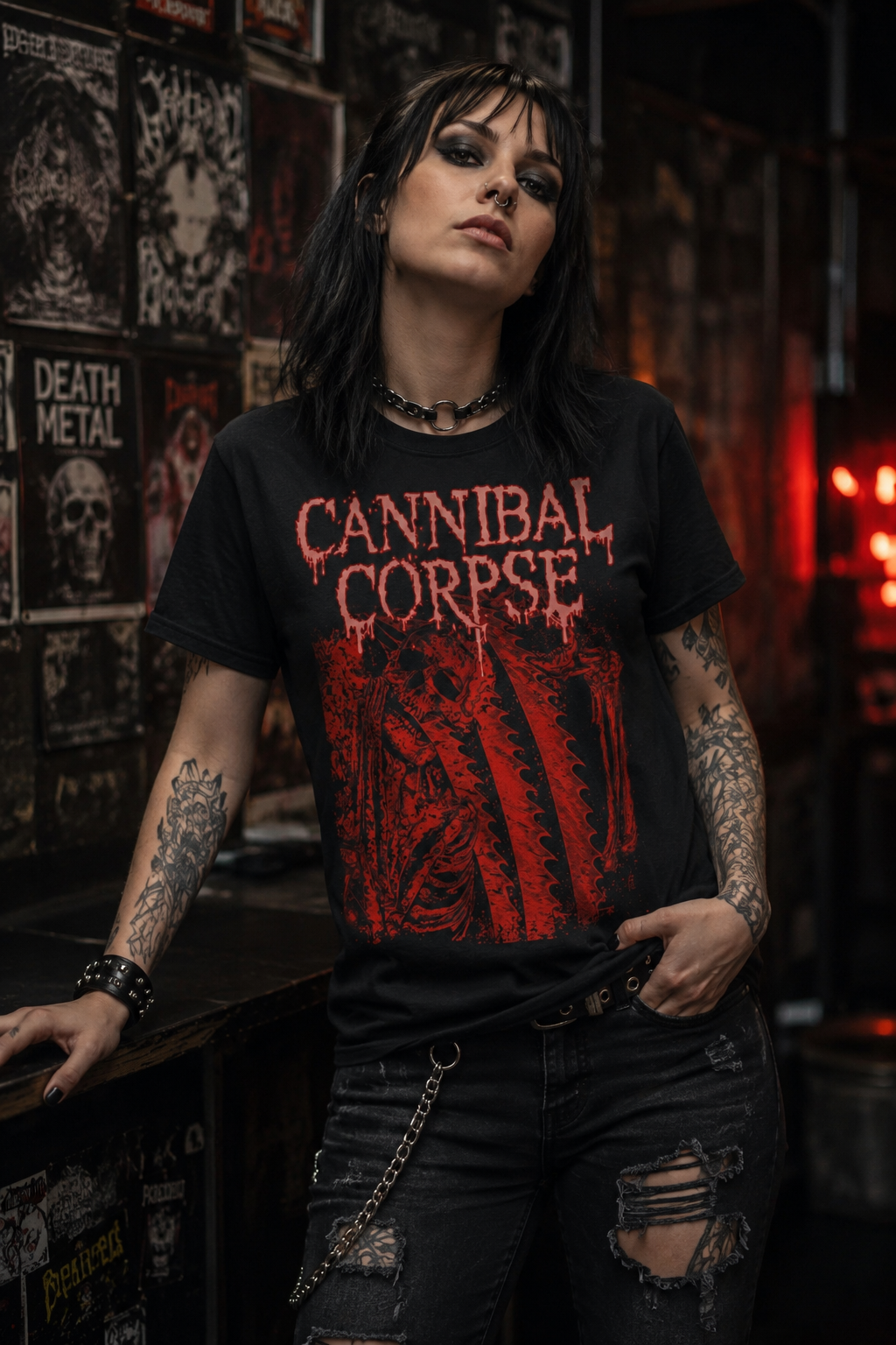 Female metal fan wearing Cannibal Corpse Saw Face graphic t-shirt in dark punk club setting with gothic rock aesthetic