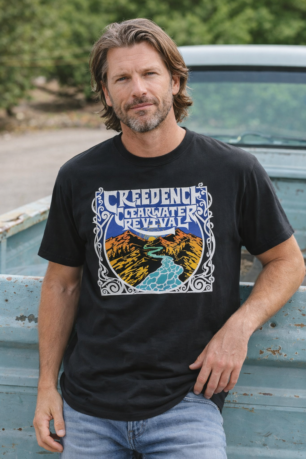 male model wearing Creedence Clearwater Revival retro mountains black t shirt CCR band tee classic rock graphic shirt