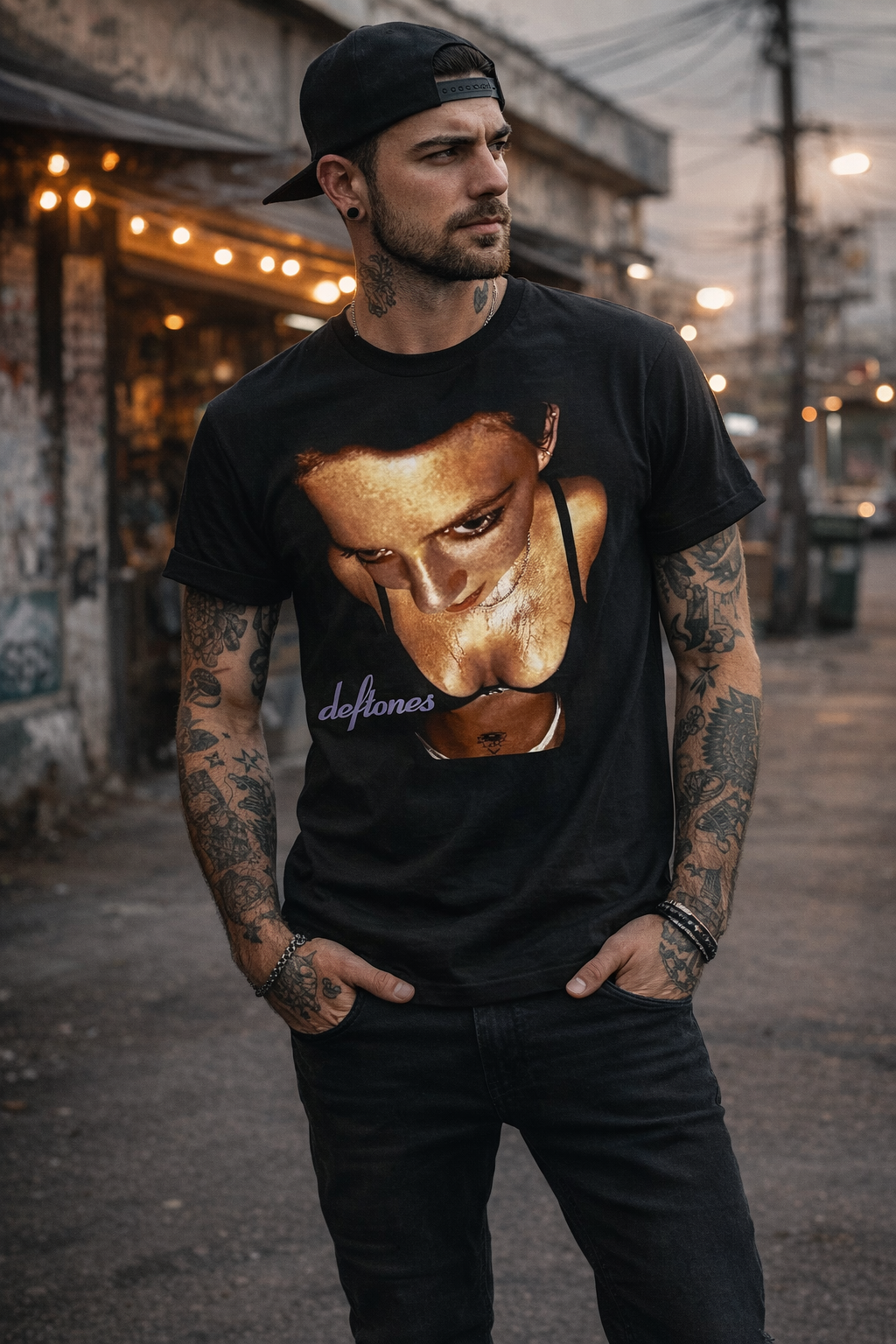 Male model wearing Deftones Around the Fur t shirt featuring iconic album artwork on black alternative metal band tee