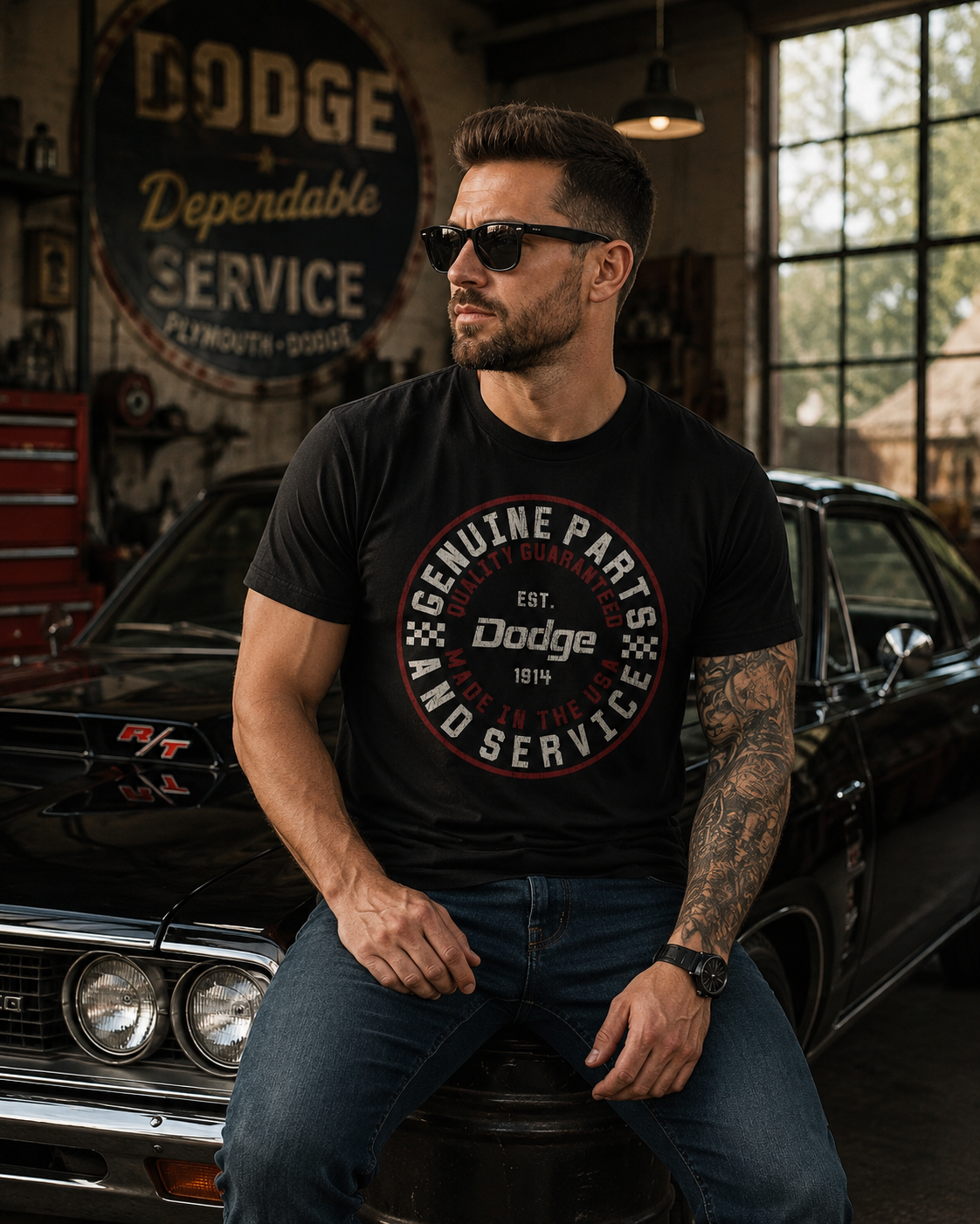 Male model wearing a Dodge Genuine Parts and Service t-shirt sitting on a classic muscle car inside a vintage automotive workshop with retro Dodge garage signs and automotive decor