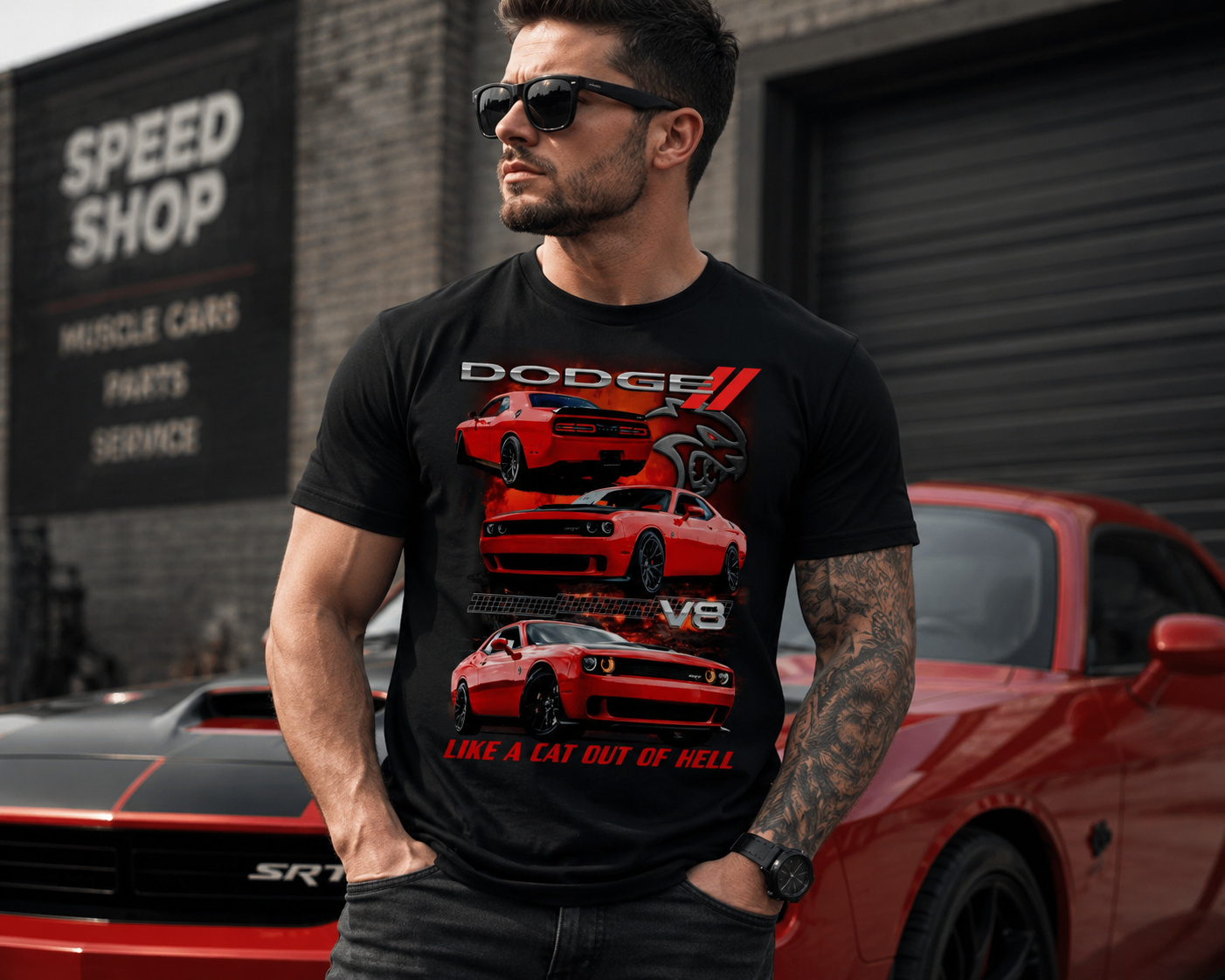 Male model wearing a Dodge Challenger Hellcat V8 graphic t-shirt standing in front of a red Dodge muscle car outside a speed shop garage