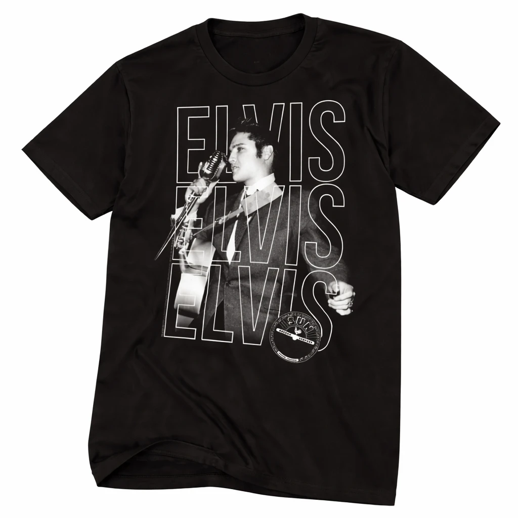 Elvis Presley black t shirt left angle view featuring vintage live performance photo and layered Elvis text graphic officially licensed
