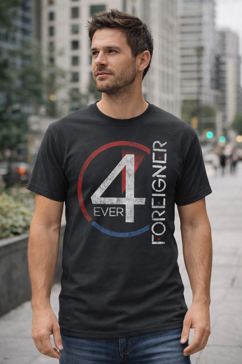 male model wearing Foreigner 4 Ever logo t shirt black classic rock band tee lifestyle image