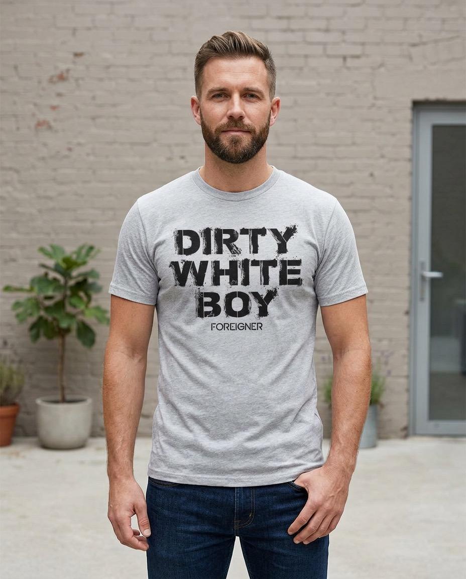 Male model wearing Foreigner Dirty White Boy t-shirt in sport grey with classic rock band graphic design