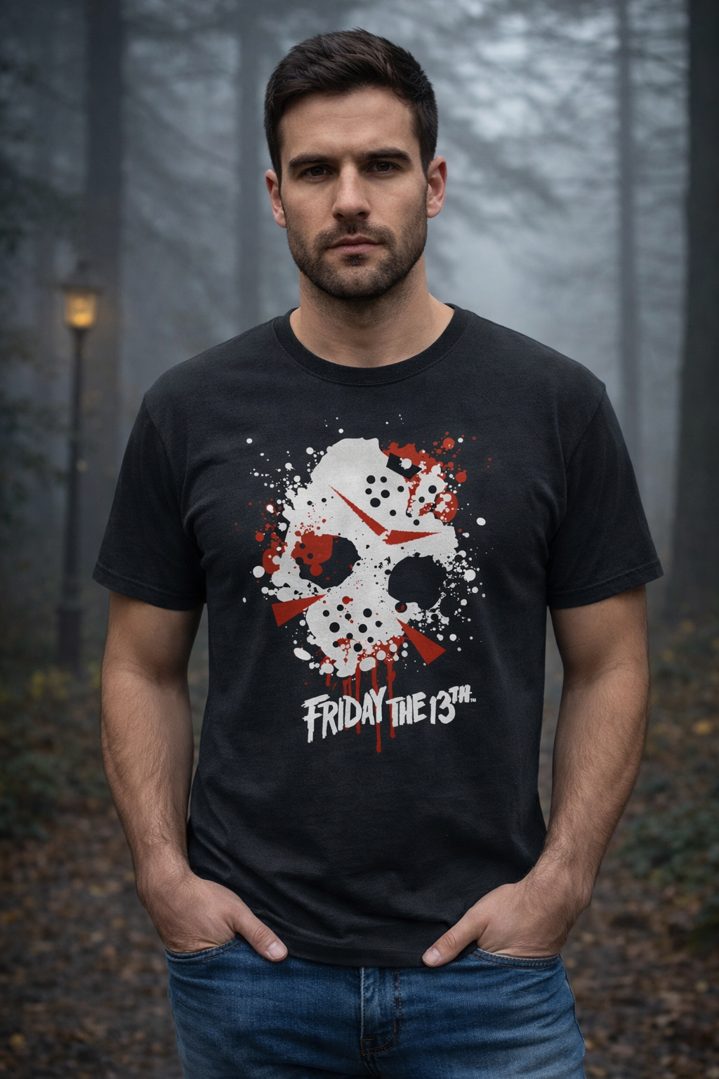 male model wearing Friday the 13th Jason Voorhees mask splatter black t shirt horror graphic tee facing camera