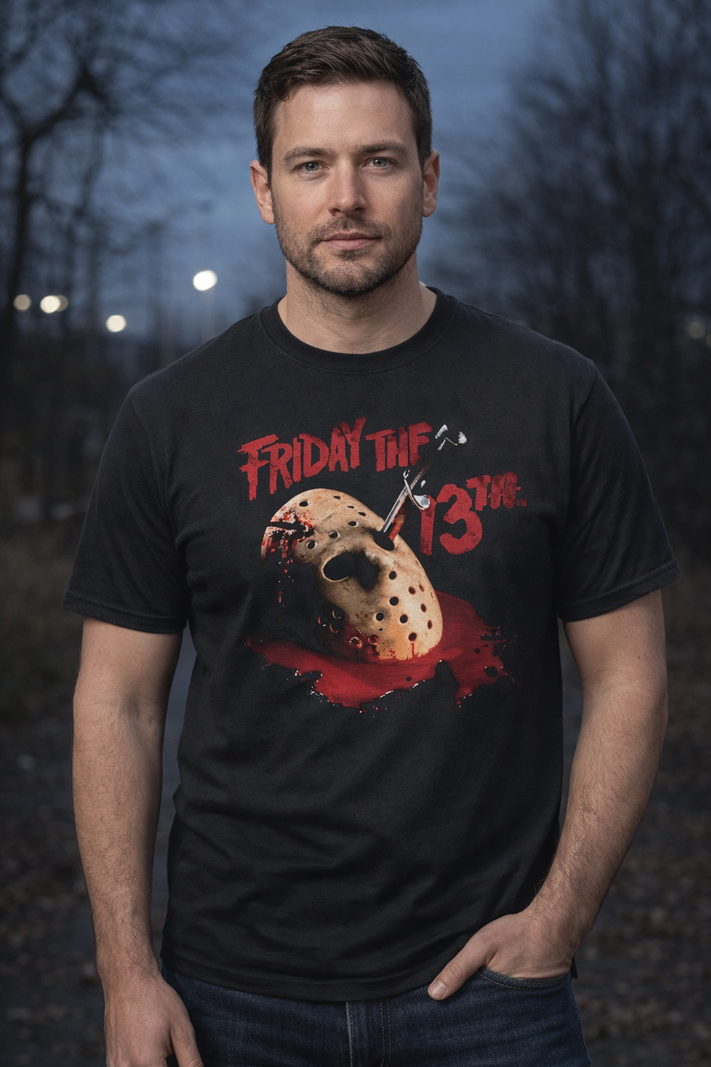male model wearing Friday the 13th Jason Voorhees mask black t shirt front view horror movie graphic tee