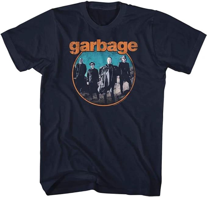 Garbage band t-shirt featuring Shirley Manson and band members in circular graphic design on navy blue 90s alternative rock tee