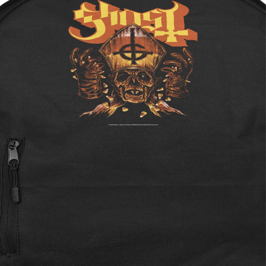 Close-up of Ghost Candy Corn backpack featuring skull design and band logo officially licensed metal merch bag