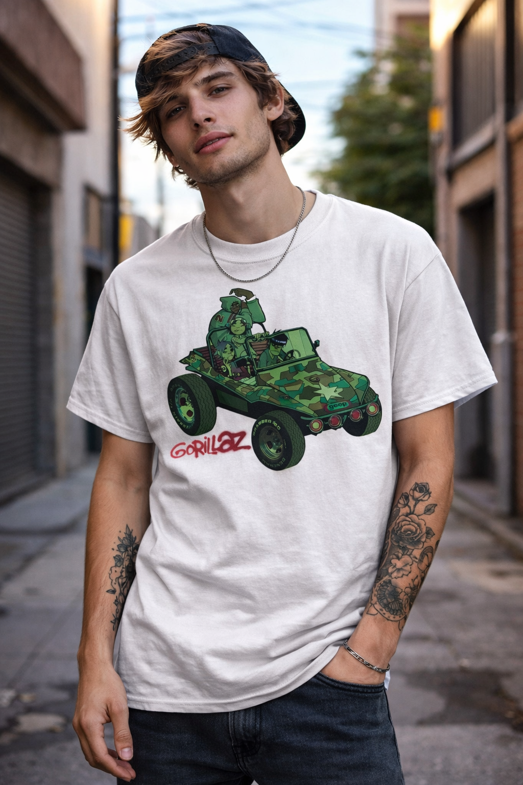 Male model wearing Gorillaz self titled album t shirt with jeep artwork in streetwear outfit
