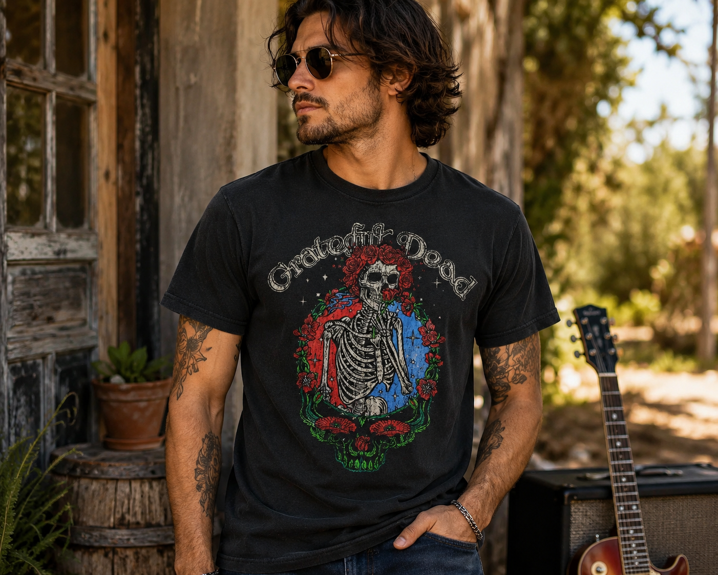 Male model wearing a Grateful Dead Skeleton & Roses T-shirt in a rustic outdoor setting with vintage guitar and amplifier. Officially licensed Grateful Dead band tee featuring classic skeleton and rose artwork inspired by Deadhead culture, psychedelic rock, and timeless music style.