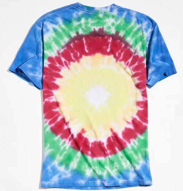 Grateful Dead tie dye t-shirt back view with red yellow green blue spiral pattern Deadhead style