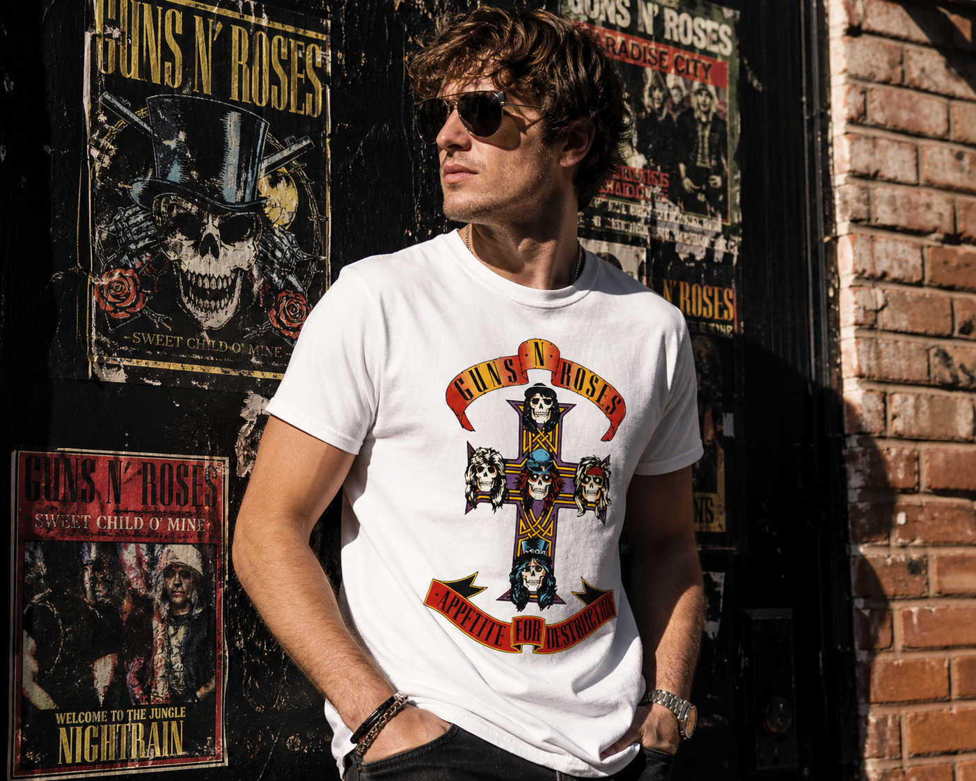 male model wearing Guns N Roses Appetite for Destruction cross white t-shirt in urban street setting