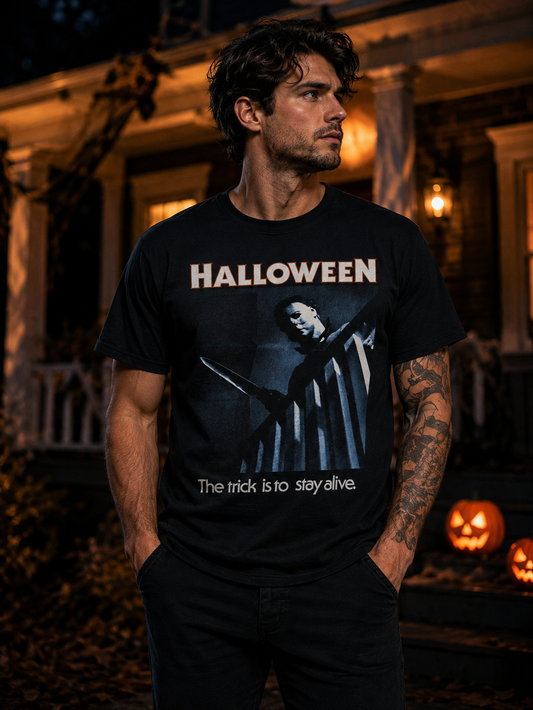 Male model wearing a Halloween Upstairs horror tee outside a dark house with glowing jack-o-lanterns and Halloween porch lights.