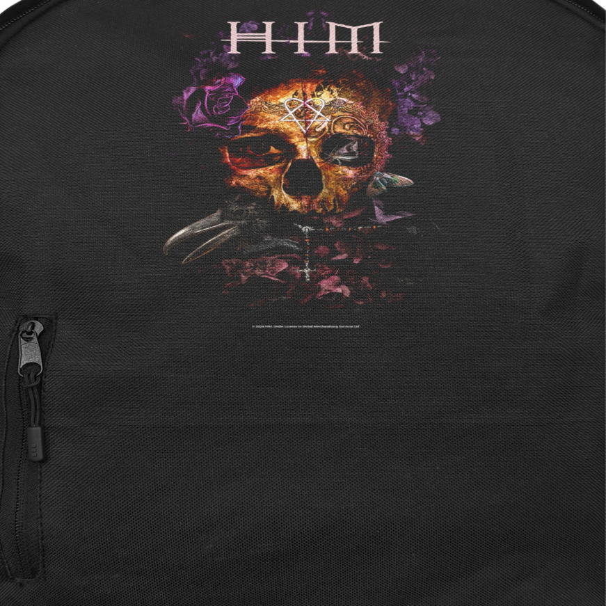 Close-up of HIM Corpus backpack showing skull graphic and gothic logo detail