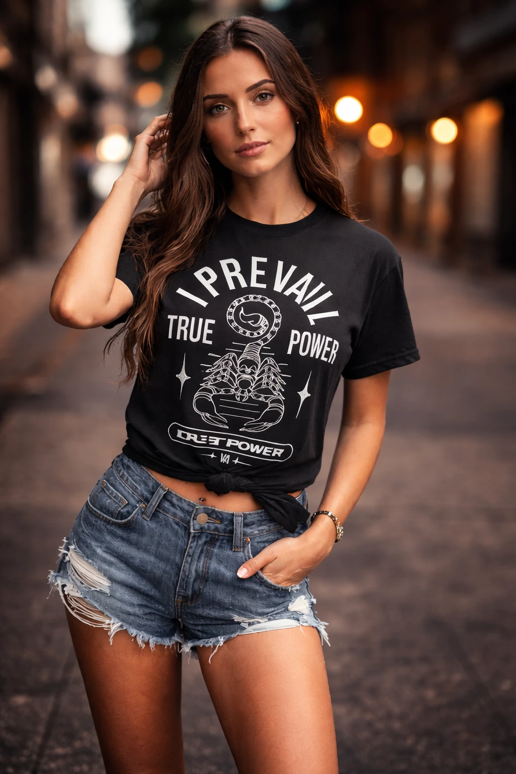 woman wearing I Prevail scorpion True Power t shirt black metalcore band merch lifestyle streetwear outfit