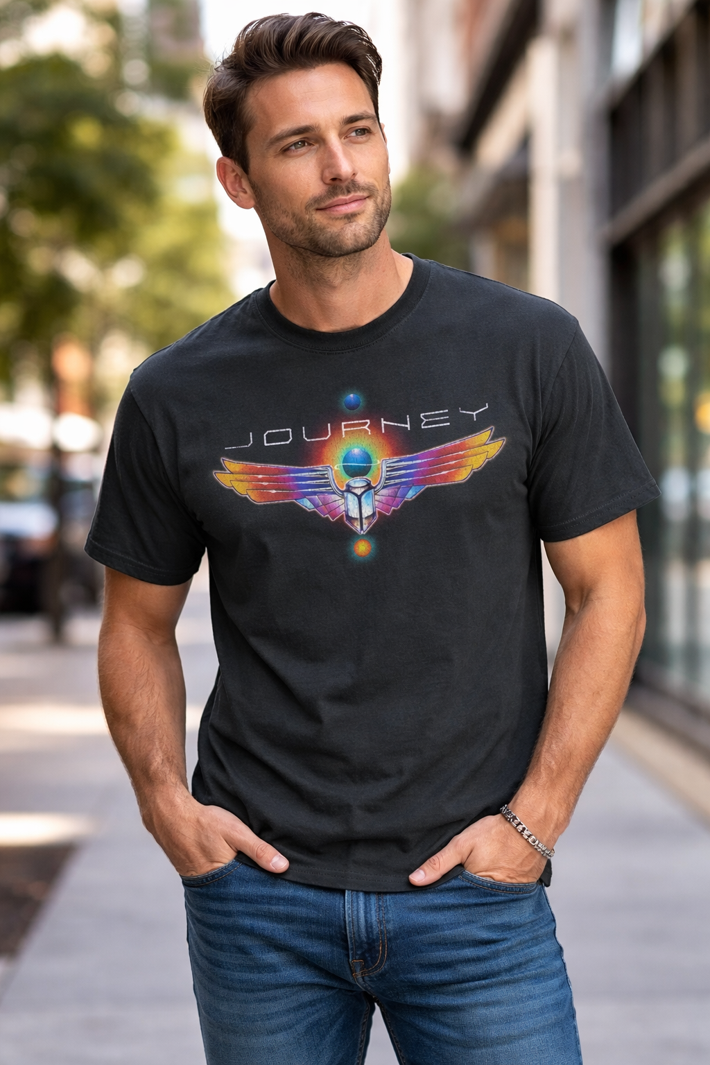 male model wearing Journey scarab logo t shirt black vintage rock band tee official merch
