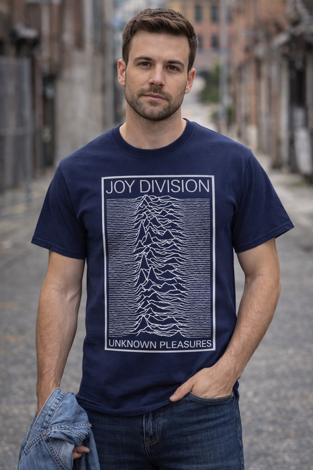 male model wearing Joy Division Unknown Pleasures frame navy t-shirt in urban street setting