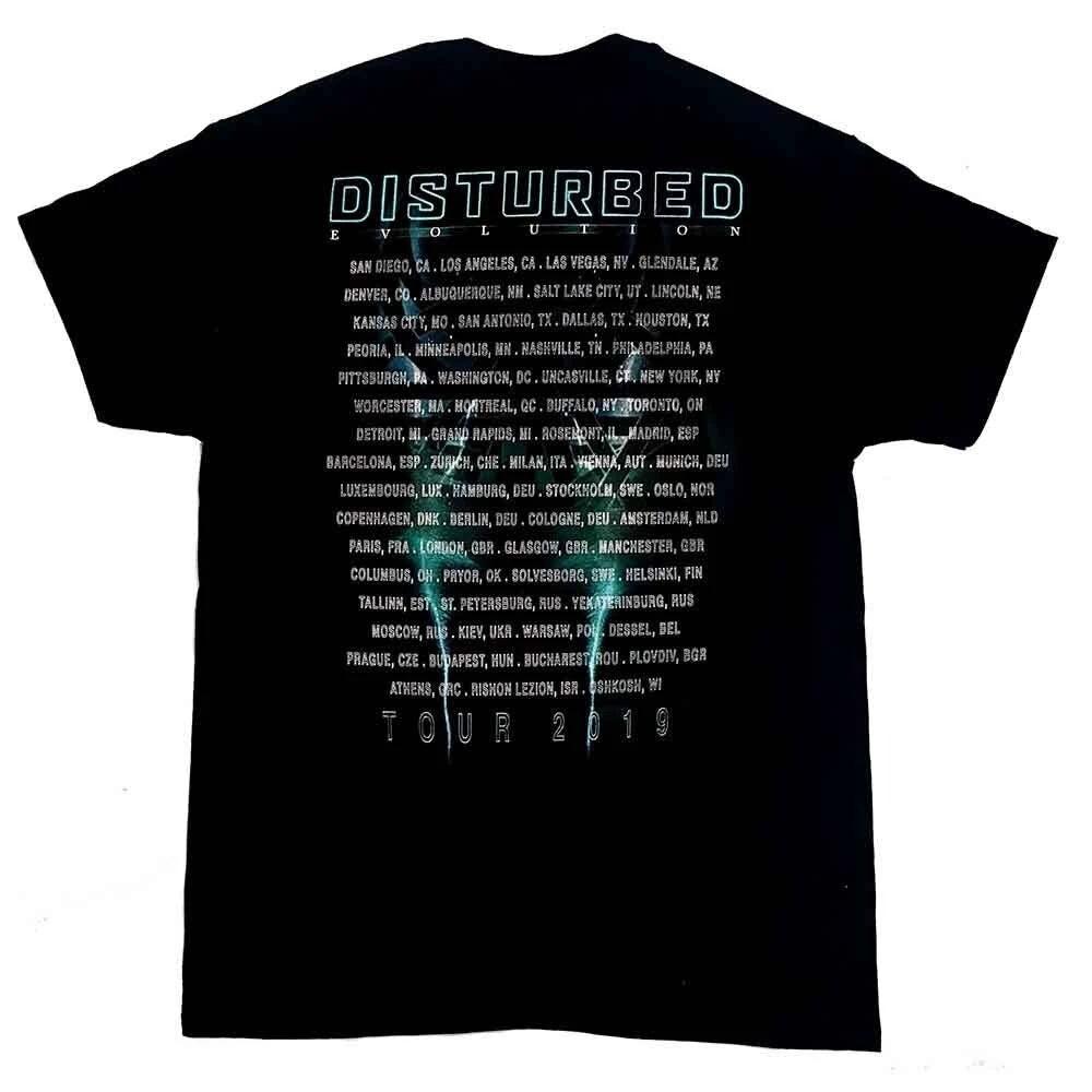 Black t-shirt with 'Disturbed' band name and tour dates printed on the back.