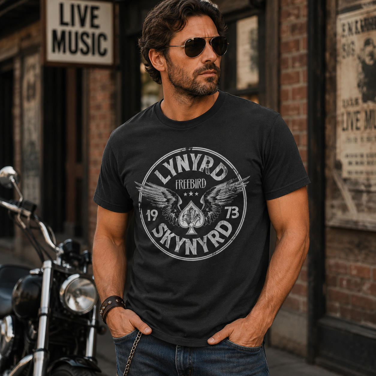 Male model wearing a Lynyrd Skynyrd 1973 Free Bird circle logo t-shirt with vintage Southern rock style
