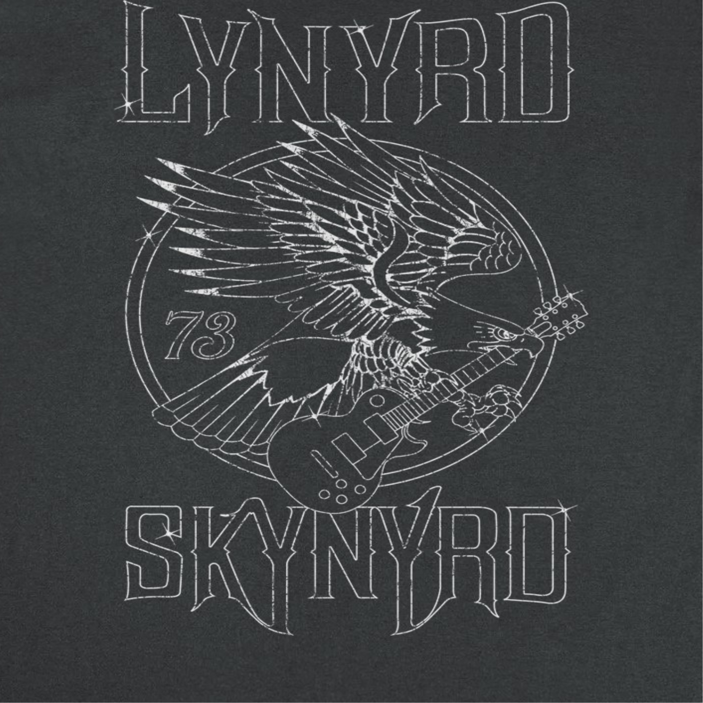 close up of Lynyrd Skynyrd eagle guitar 73 black t shirt showing detailed vintage outline graphic