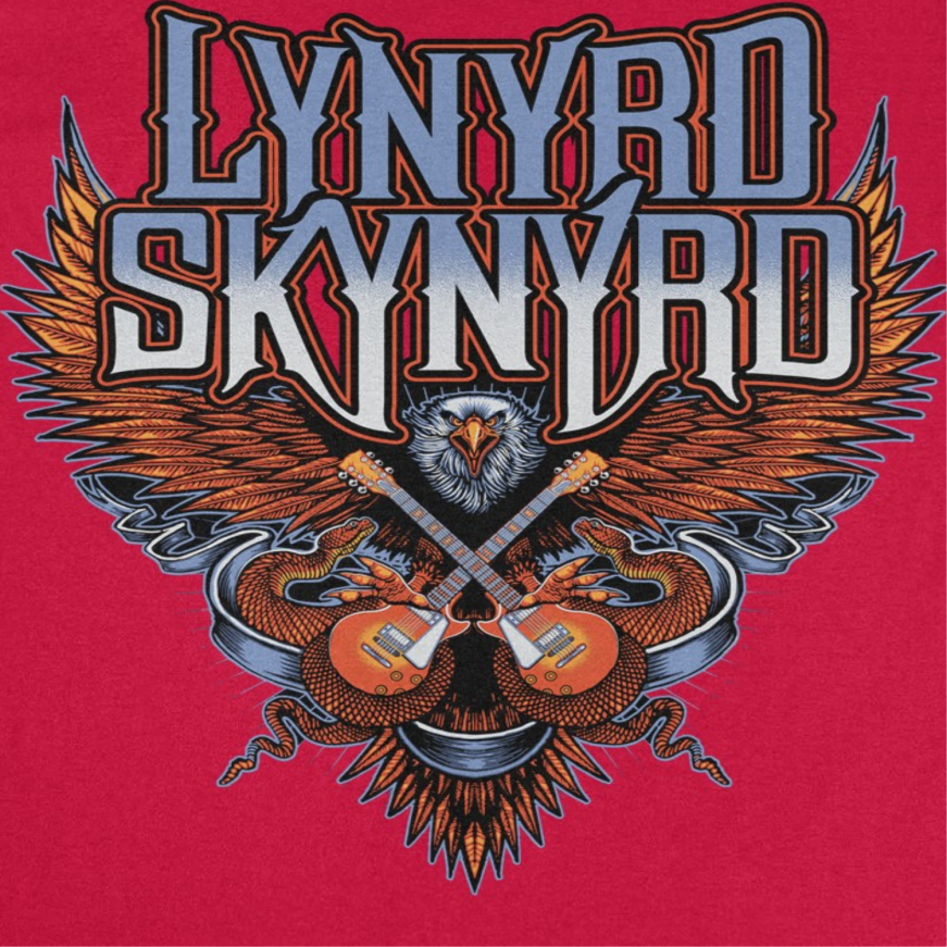 Close-up of Lynyrd Skynyrd Eagle Guitar red t-shirt showing eagle, wings, and crossed guitar artwork