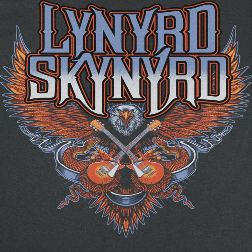 Close-up of Lynyrd Skynyrd Eagle Guitar black t-shirt featuring eagle wings, crossed guitars, and vintage southern rock artwork