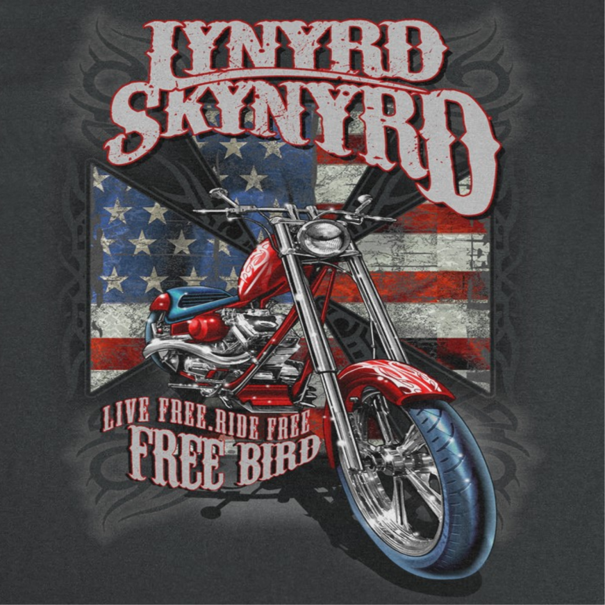 Close-up of Lynyrd Skynyrd Free Bird Motorcycle black t-shirt featuring custom motorcycle artwork and distressed American flag design