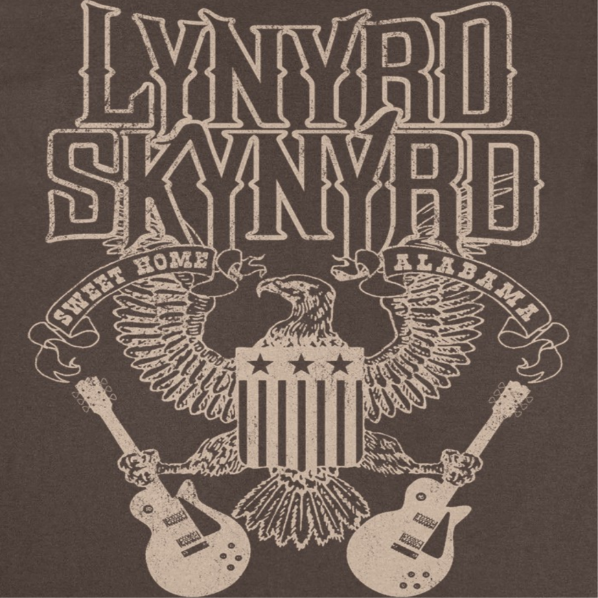 Close-up of Lynyrd Skynyrd Sweet Home Alabama t-shirt artwork with eagle, guitars, and vintage Southern rock design