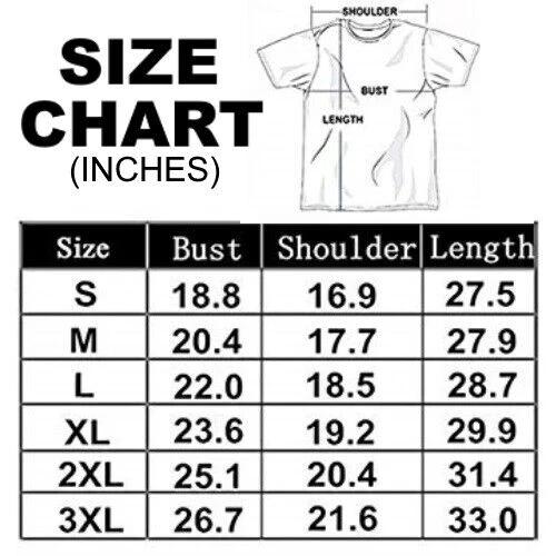 AC/DC Back In Black t-shirt size chart showing chest, shoulder, and length measurements for sizes small through 3XL